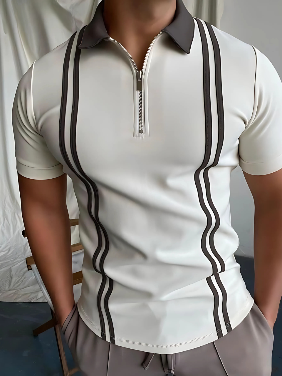 Zipped Stripe Polo T-Shirt White