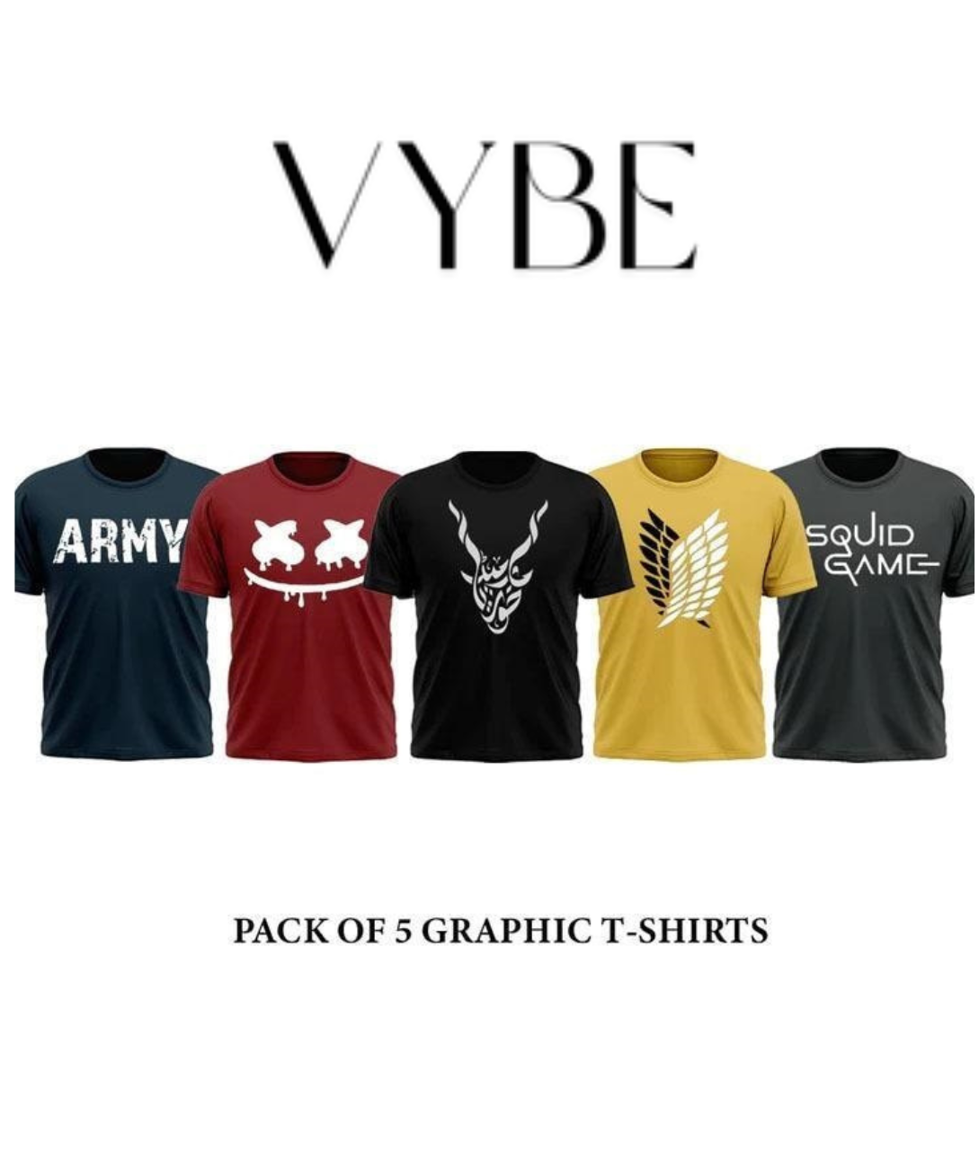 VYBE Printed Pack of 5 Premium T-Shirts
