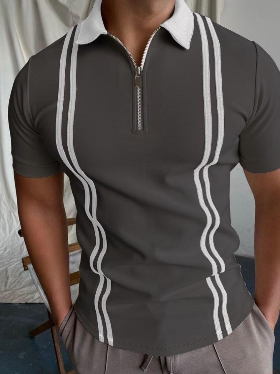 Zipped Stripe Polo T-Shirt Gray