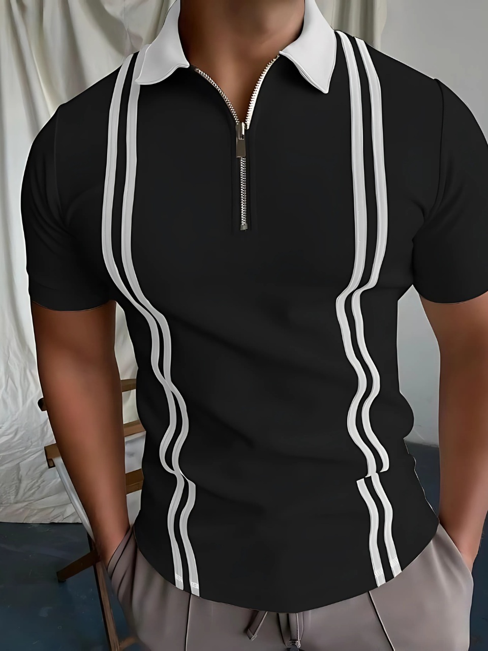 Zipped Stripe Polo T-Shirt Black