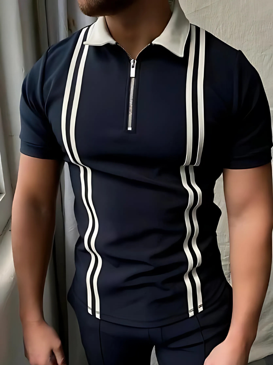Zipped Stripe Polo T-Shirt Blue